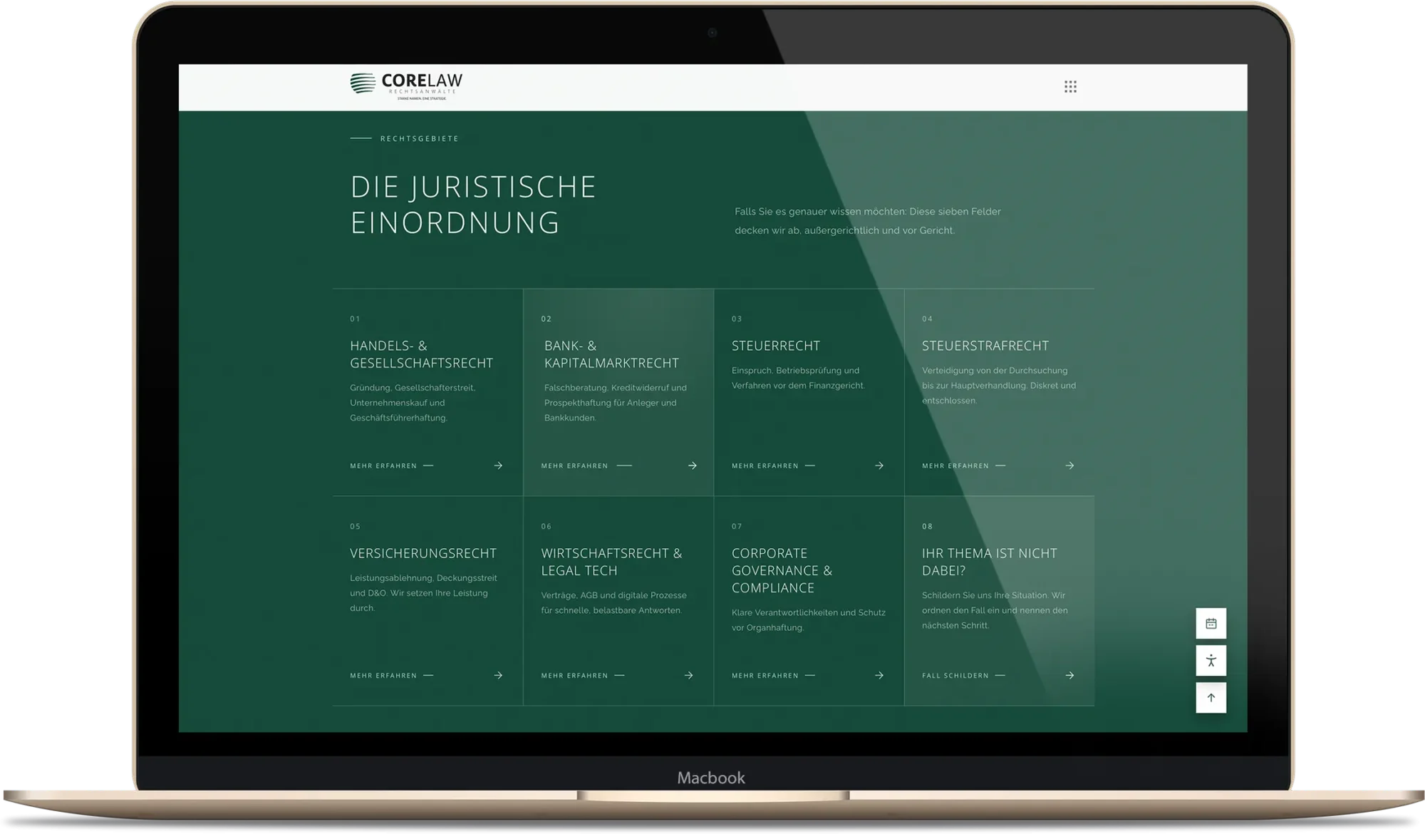 MacBook mit den sieben Rechtsgebieten der Kanzlei corelaw.