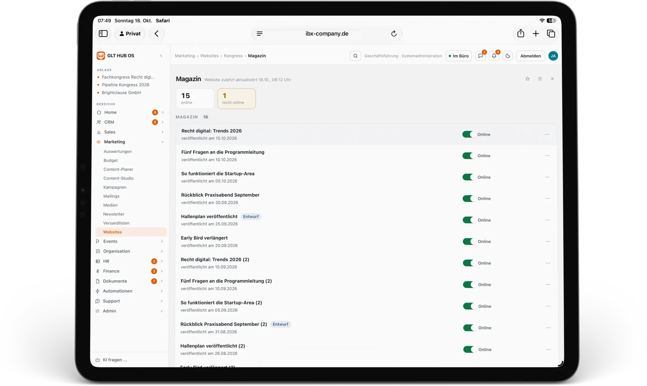 iPad mit dem Hub OS: In der Steuerzentrale der Summit-Website stehen die Magazinbeiträge mit Schalter Online. Demo mit erfundenen Daten.