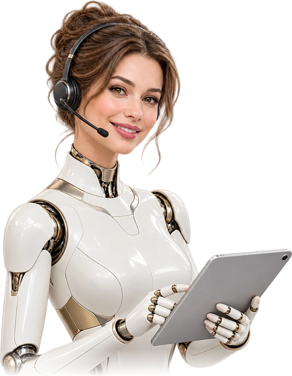 Symbolbild: eine KI-Assistentin mit Headset und Tablet nimmt eine Reservierung für das Restaurant entgegen.