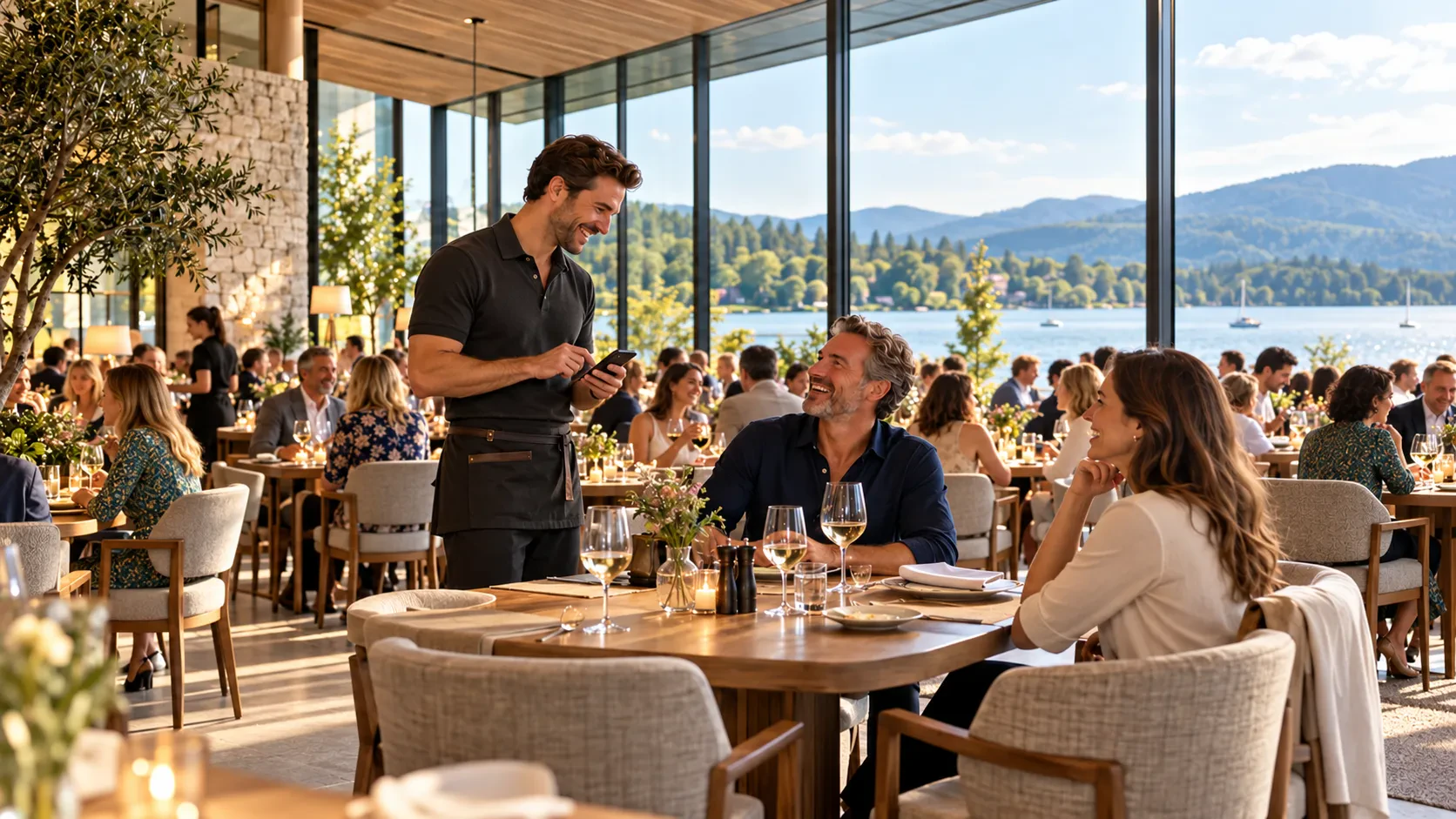 Symbolbild: In einem vollen Restaurant mit Blick auf einen See nimmt ein Kellner gut gelaunt eine Bestellung auf dem Smartphone auf.