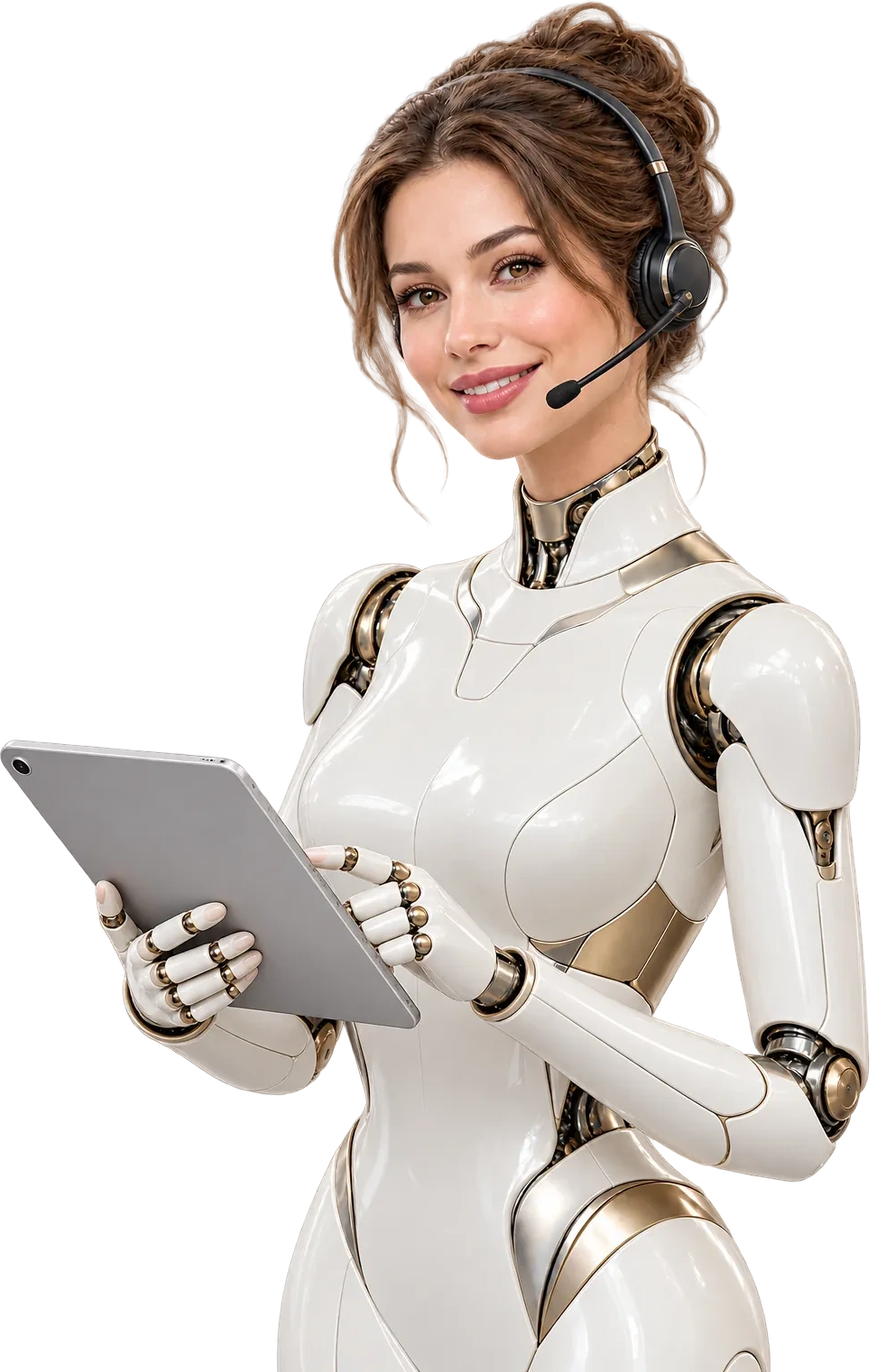 Symbolbild: eine freundliche KI-Assistentin mit Headset und Tablet steht für den KI Telefonassistenten des Restaurants.