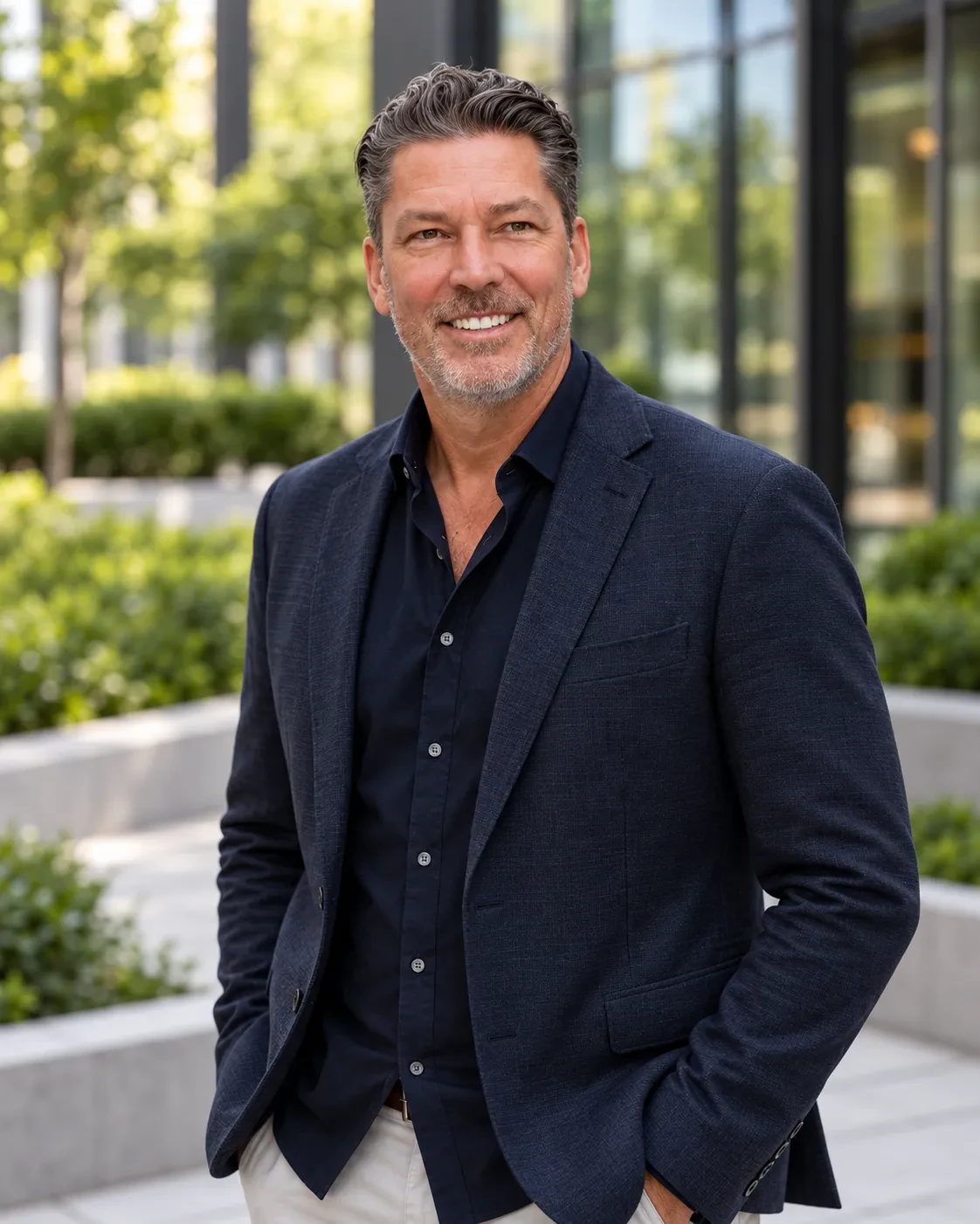 Michel Winkler, Gründer von ibx company, lächelnd vor einem modernen Gebäude in Hannover.