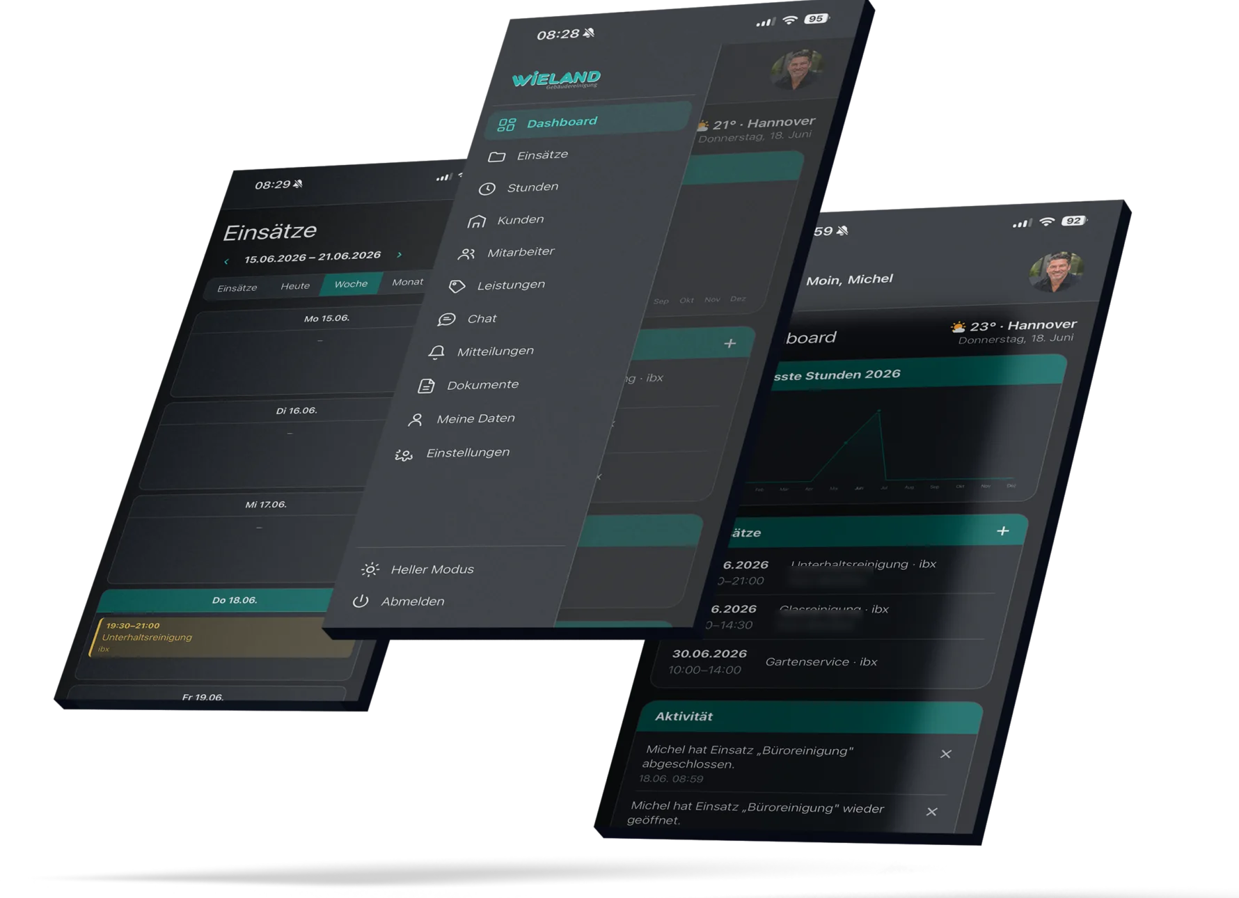 Drei Smartphone-Ansichten der Wieland Plattform: Einsätze der Woche mit dem Termin am 18.06., das Menü mit Einsätzen, Stunden, Chat und Dokumenten, das Dashboard