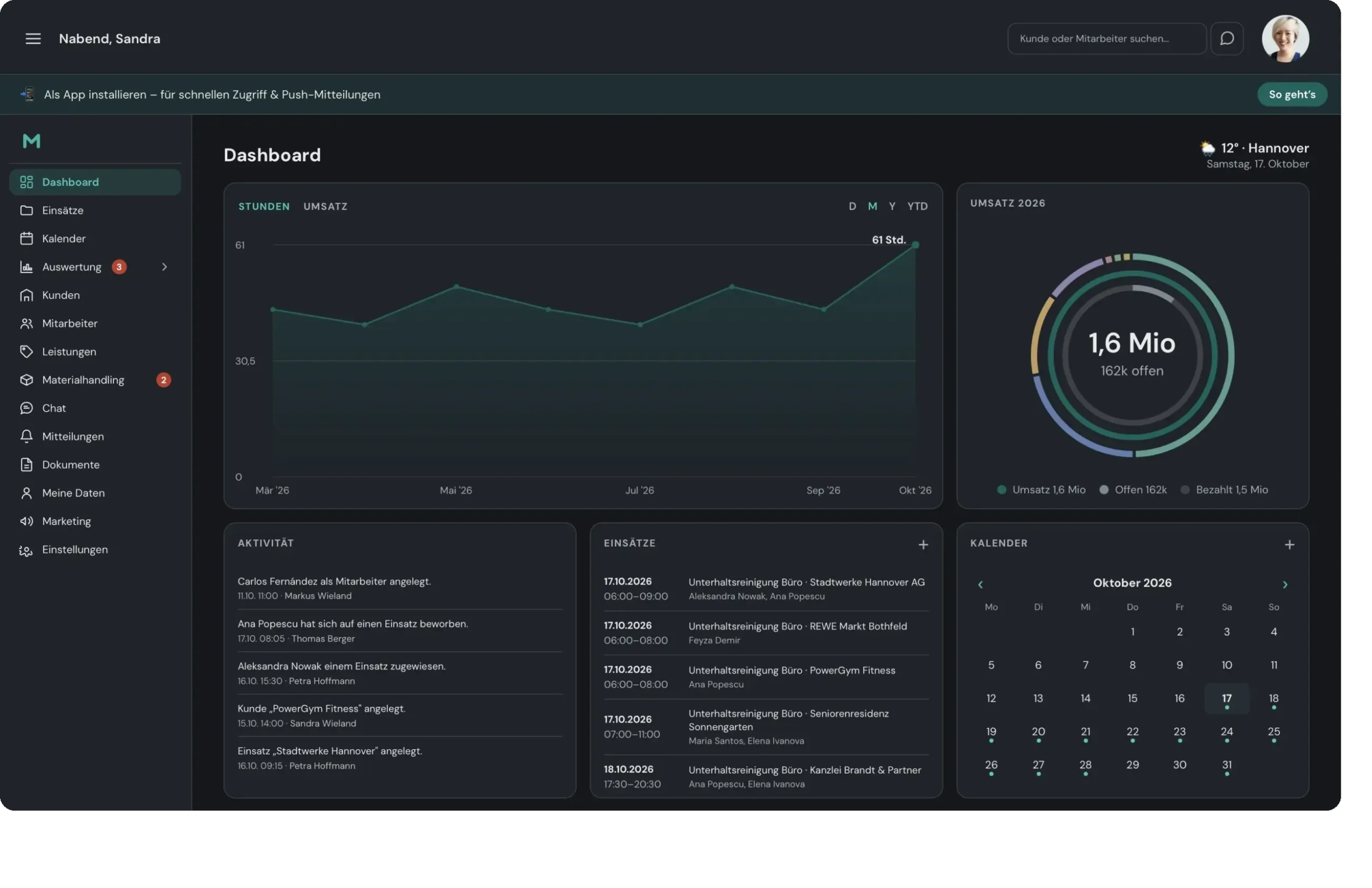 Dashboard der Plattform am Computer mit Stunden, Umsatz, Aktivität, Einsätzen und Kalender, davor der Smartphone-Bildschirm mit dem Materialhandling