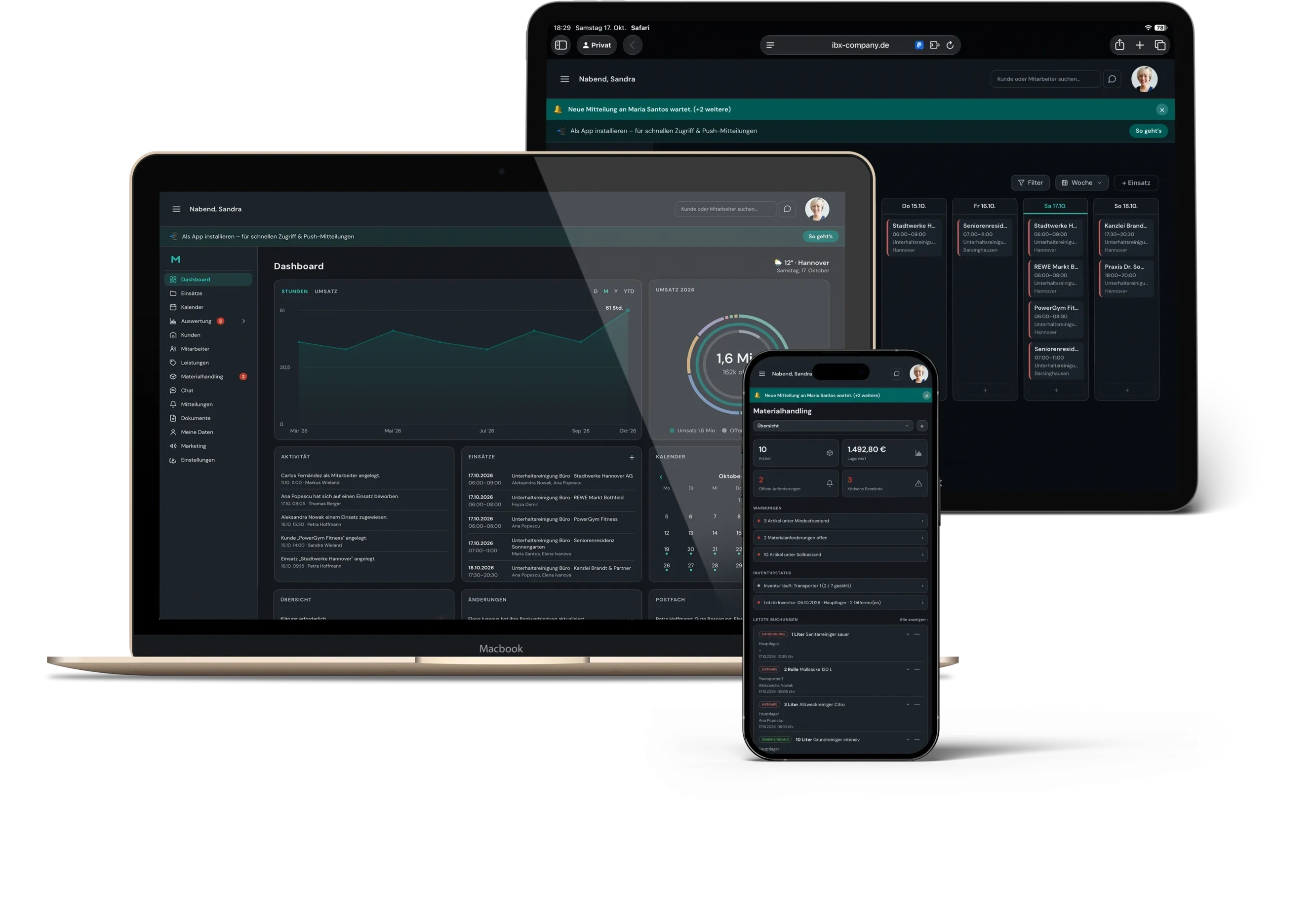 Die Plattform auf MacBook, iPad und iPhone in hellem Licht: Dashboard, Wochenansicht der Einsätze und Materialhandling