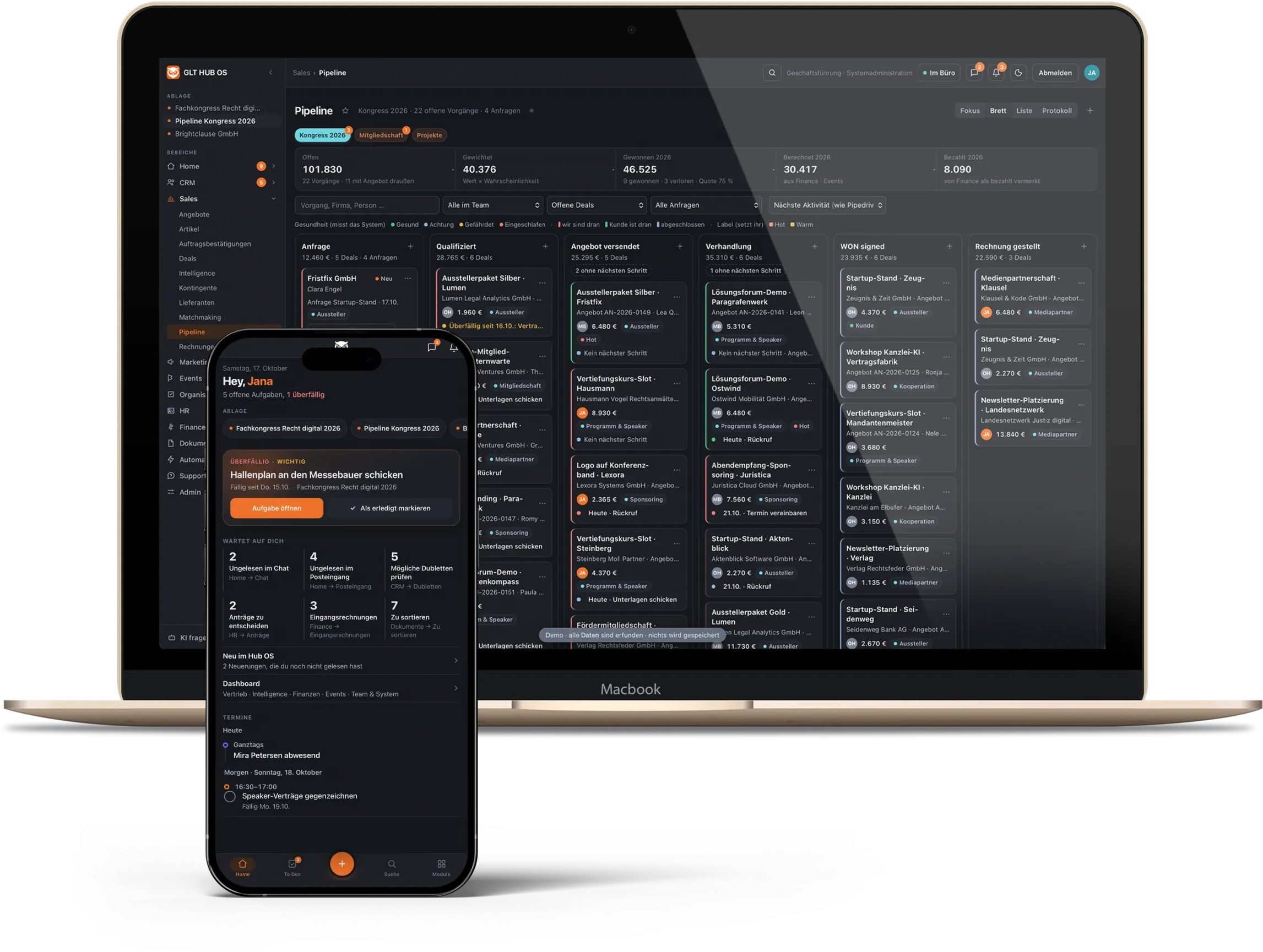 MacBook und iPhone mit dem Hub OS des German Legal Tech Hub: auf dem MacBook die Vertriebspipeline, auf dem iPhone die Startseite mit offenen Aufgaben. Demo mit erfundenen Daten.
